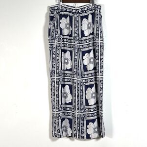 Draper James Linen Blend Wide Leg Pull-On Pants Sz XL Navy Patch Floral Print